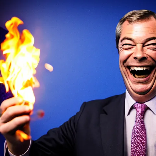 Prompt: nigel farage laughing holding lighter, burning eu flag, studio photograph, hd, studio