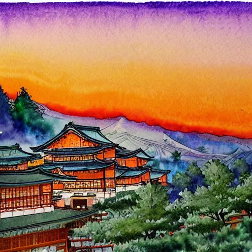 Prompt: A stunning water color painting of a traditional japanese village in the mountains at sunset by Alayna Danner