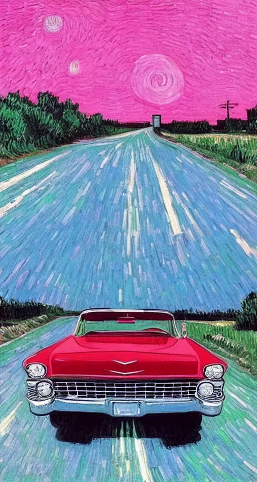 Image similar to painting of 1 9 6 3 red cadillac convertible driving down an empty highway into a pink sunset, aesthetic, minimalist, realistic, surreal, by vincent van gogh