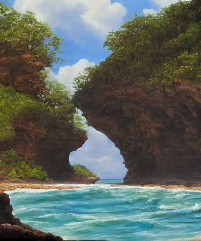 Image similar to photorealistic painting of turtle bay beach jamaica, sharp cliffs, island with cave, dark, atmospheric, brooding, smooth, finely detailed, cinematic, epic, in the style of clyde caldwell