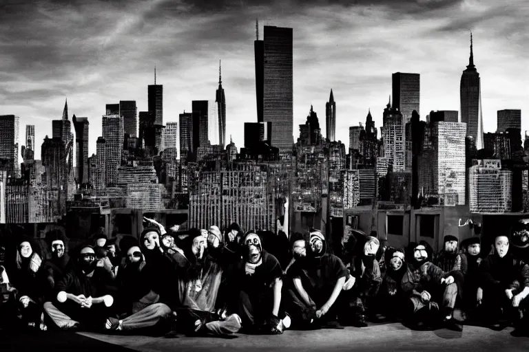 Image similar to Wu tang clan videoclip frame, black and White, new York, 8k