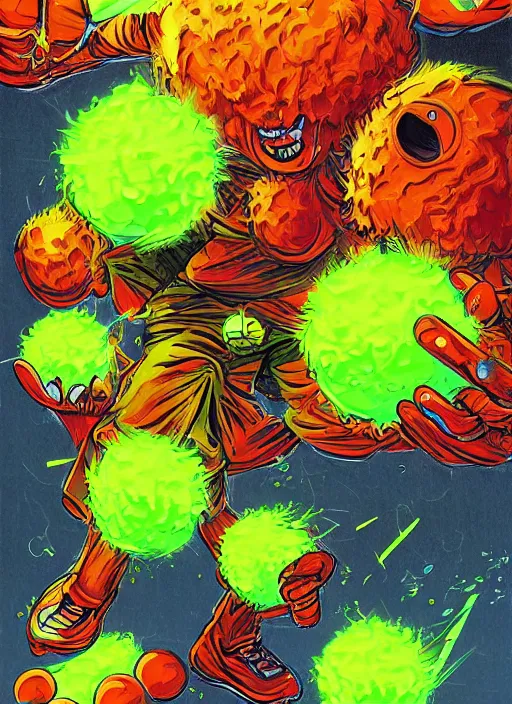 Prompt: tennis ball monsters playing tennis, a tennis ball monster ,tennis ball,amazing, lasers, explosions, fire, digital art, fantasy, magic, trending on artstation, ultra detailed, professional illustration,chalk, poster artwork by Basil Gogos , clean