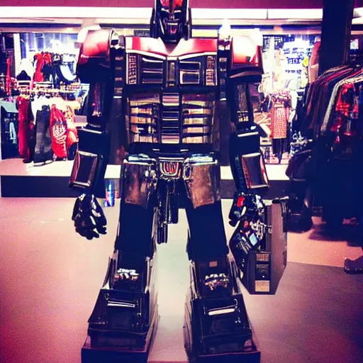 Image similar to “optimus prime shopping for clothes at hot topic”