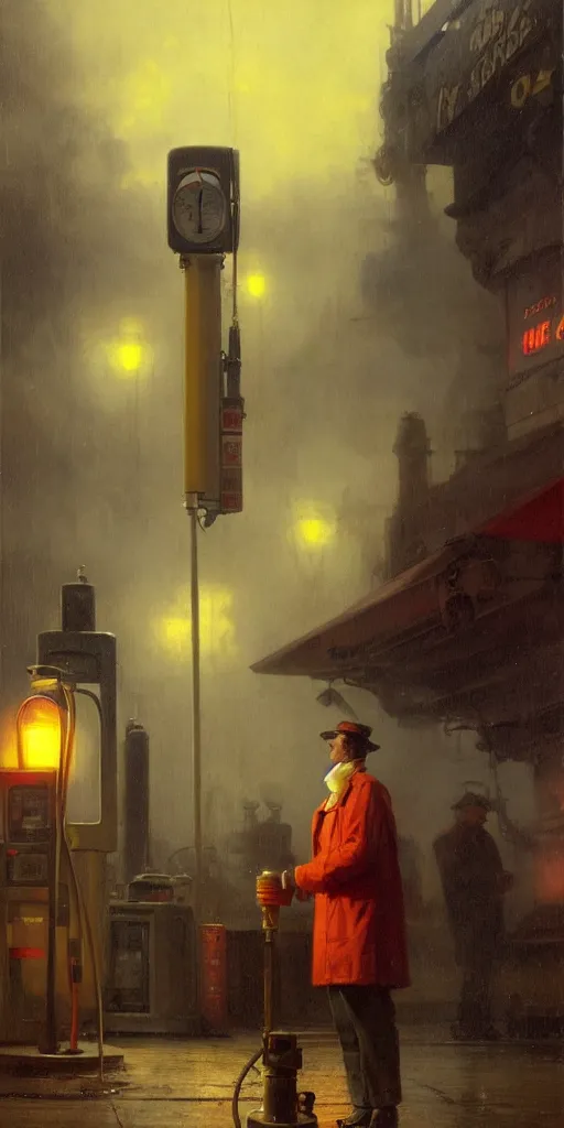 Image similar to a gas station in 1 9 4 0 with yellow and red light in the middle of the night, a men stand up next to the pump, mystical blue fog, oil on canvas, art by andreas achenbach, clemens ascher, tom bagshaw and sabbas apterus,