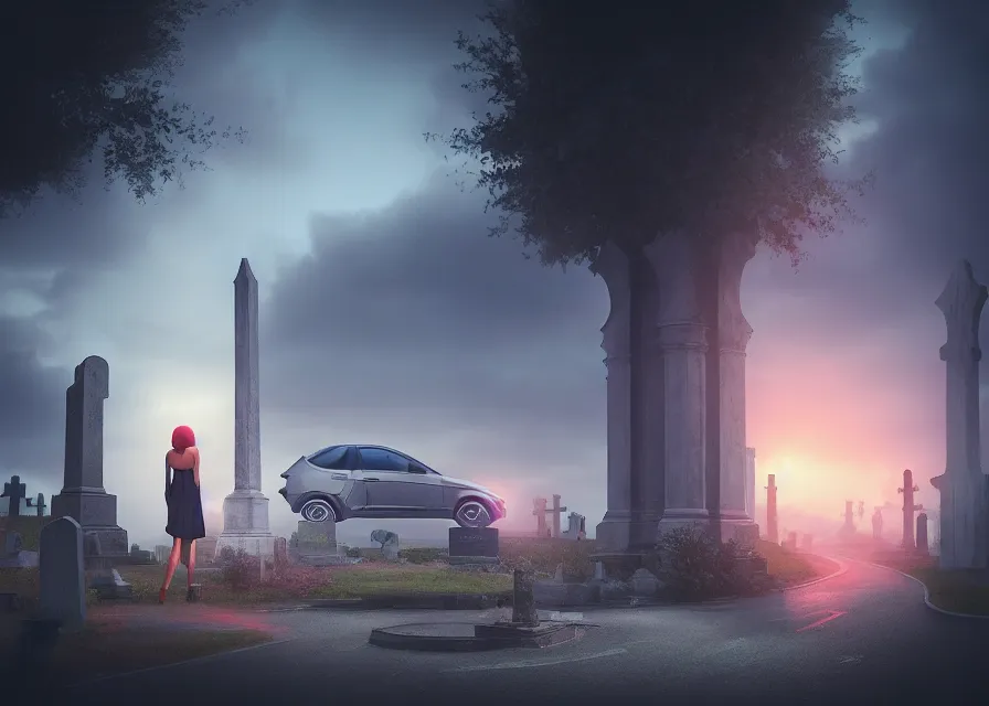 Image similar to a disheveled young woman watches as a car driving down a road next to a medieval cemetery, a digital rendering by michael flohr, inspired by tom bagshaw, instagram contest winner, futurism, matte painting, outrun, terragen