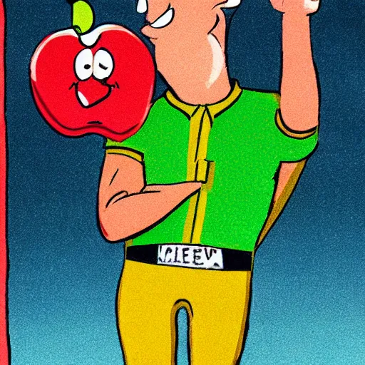 Image similar to new yorker cartoon of the fruit of the loom apple costume mascot man playing video games