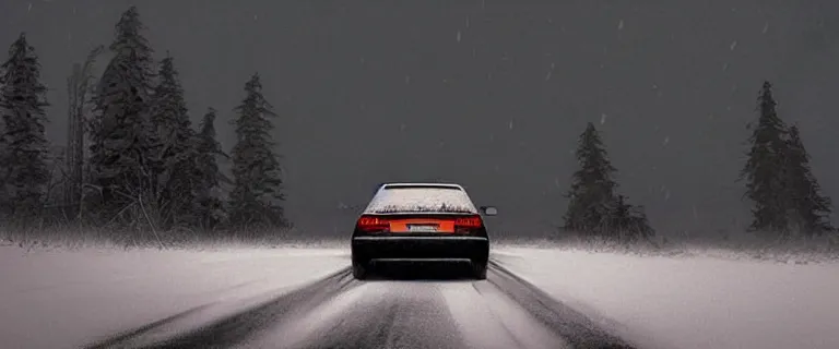 Image similar to Audi A4 B6 Avant (2002), a gritty neo-noir, dramatic lighting, cinematic, eerie person silhouette, death, homicide, homicide in the snow, gunshots, establishing shot, extremely high detail, photorealistic, cinematic lighting, artstation, by simon stalenhag, Max Payne (PC) (2001) winter new york at night, In the style of Max Payne 2 graphic novel, by Saku Lehtinen, flashing lights, Poets of the Fall - Late Goodbye