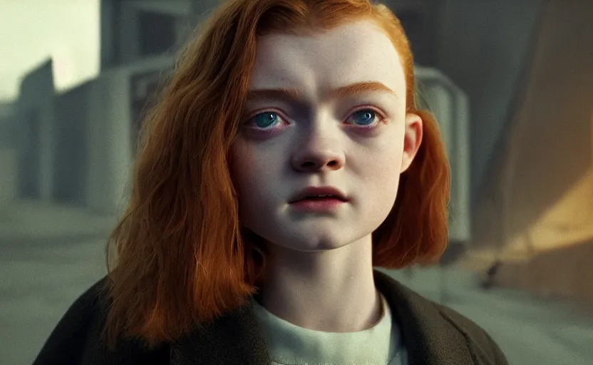 Prompt: sadie sink with buzz cut hair in oversized man's coat : a still from a scifi soviet cyberpunk film from 1 9 8 0 s. by steven spielberg and james cameron. 6 5 mm low grain film stock. sharp focus, realistic facial expression, perfect anatomy, global illumination, radiant light, detailed and intricate environment, trending on artstation