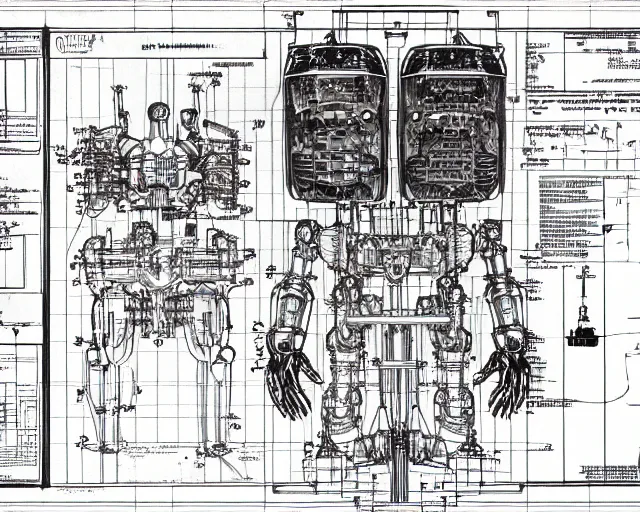 Image similar to a full page of a mechanical blueprint showing a cutaway design for a mechanized woman robot, muted colors, post grunge, studio ghibli, hq,