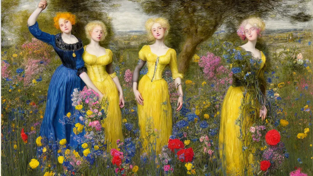 Image similar to photo-realistic portrait of two young women with neon yellow hair, wearing a blue dress by Vivienne Westwood, standing in a garden full of flowers, intricate details, in the style of John Everett Millais, black background