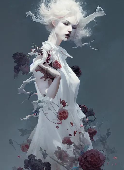 Image similar to character design by james jean, ruan jia, ilya kuvshinov, martine johanna, jakub rebelka ( ( ( portrait of gothic girl in seductive luxurious flowy tornado dress ) ) ) emerging from lighting and powerful thunder, sharp edges. ultra detailed, majestic, intricate,