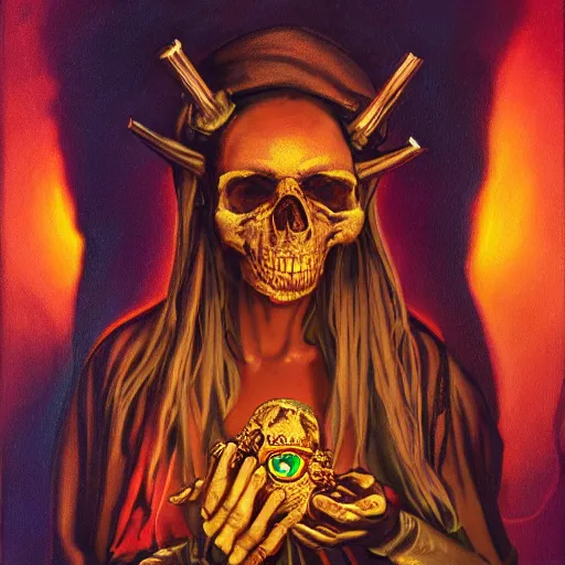 Prompt: a death tarot card featuring a voodoo priestess holding a golden monkey skull, by anton semenov, cyberpunk voodoo, oil on canvas, neon blacklight colorscheme