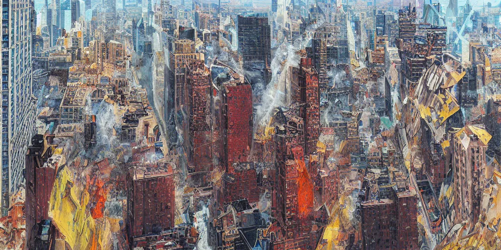 Prompt: tsunamic crashing onto New York City, buildings damaged or destroyed, aerial view, realist painting