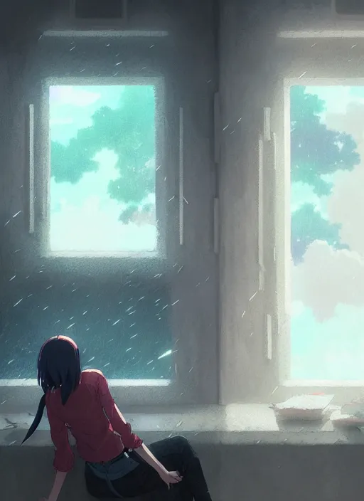 Image similar to interior, near the window, rainy outside, illustration concept art anime key visual trending pixiv fanbox by wlop and greg rutkowski and makoto shinkai and studio ghibli