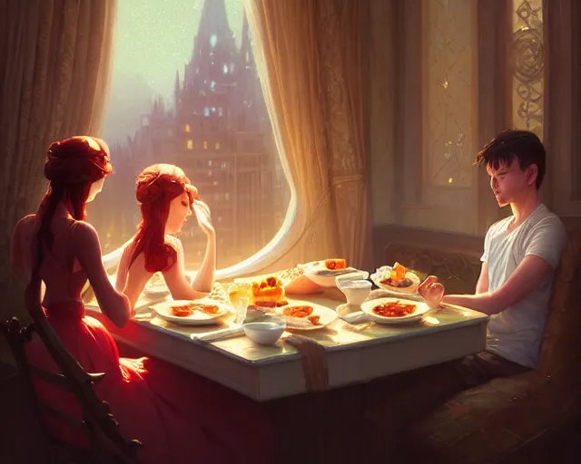 Image similar to photography of breakfast at tiffany's, different snap shots of the movie, intricate, elegant, highly detailed, digital painting, artstation, matte, illustration, art by artgerm, greg rutkowski, loish, rhads, ferdinand knab, makoto shinkai, lois van baarle, ilya kuvshinov, rossdraws, tom bagshaw