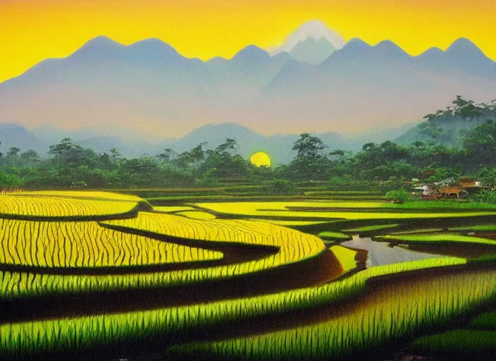 Image similar to painting of a road between rice paddy fields, two big mountains in the background, big yellow sun rising between 2 mountains, oil painting by basuki abdullah