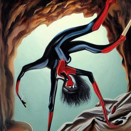 Image similar to incredible masterful painting of a spider woman ( female torso, spider legs ) in a cave upside down playing a violin, scary