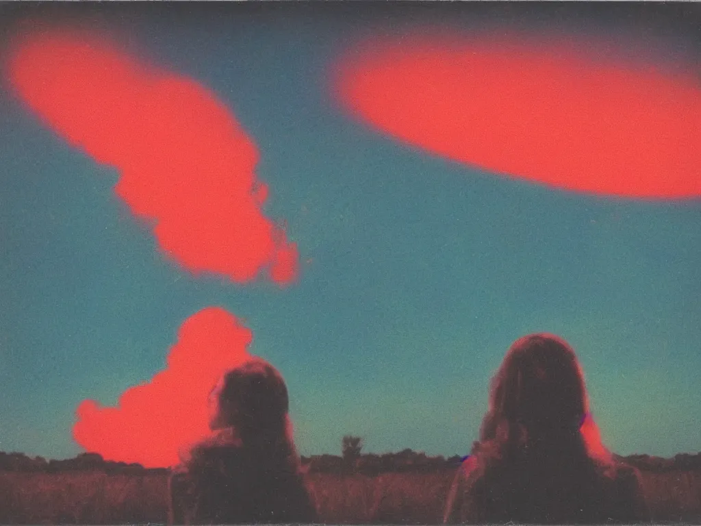 Image similar to vintage polaroid of a beautiful woman spotting a ufo in the sky, seen from behind, detailed clouds, warm azure tones, red color bleed, film grain