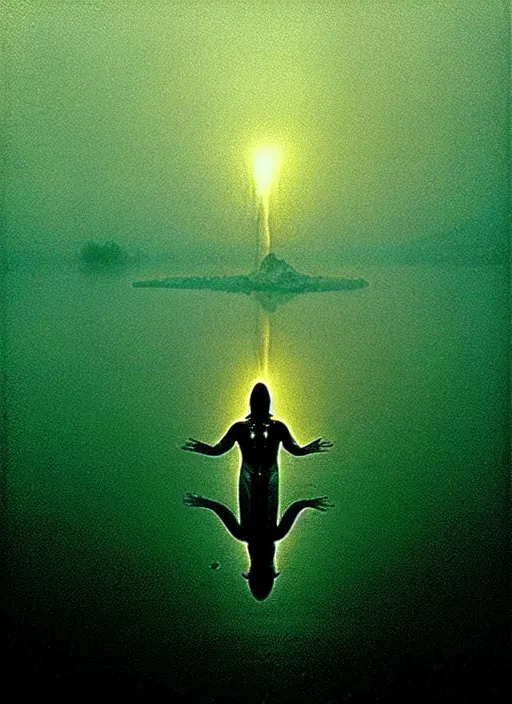 Prompt: “translucent frog body vertically hovering over misty lake waters in jesus christ pose, low angle, long cinematic shot by Andrei Tarkovsky, paranormal, eerie, mystical”