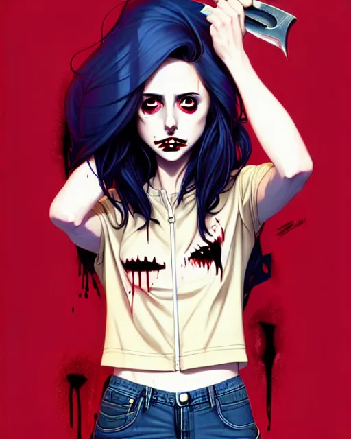 Image similar to loish, artgerm, Joshua Middleton art, Rafeal Albuquerque, pretty Alison Brie serial killer holding bloody knife in right hand realistic hand, blood on clothes and face, sarcastic smile, symmetrical eyes, symmetrical face, jean jacket, jeans, short blonde hair, middle shot, night time, deep blacks