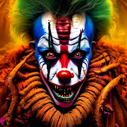 Prompt: uhd photorealisitc authentic madman wearing intricate clown costume and bizarre voodoo makeup, vivid colors, frightening surroundings, correct details, in the style of amano, karol bak, akira toriyama, and greg rutkowski