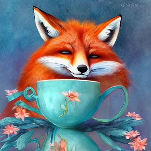 Image similar to A beautiful fox drinking tea by Anna Dittmann
