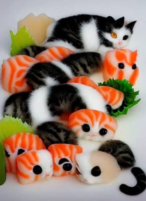 Image similar to clear photorealistic picture of adorable cats made out of sushi