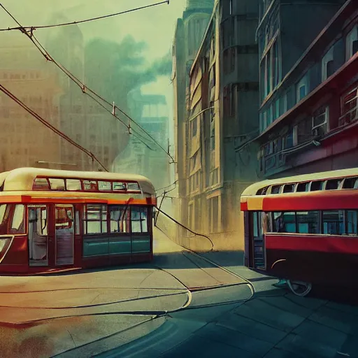 Image similar to retro futuristic vintage cars, buses, trams, street scene, atmospheric lighting, painted, intricate, volumetric lighting, beautiful, daytime, sunny weather, slight overcast, sharp focus, deep colours, ultra detailed, by leesha hannigan, ross tran, thierry doizon, kai carpenter, ignacio fernandez rios