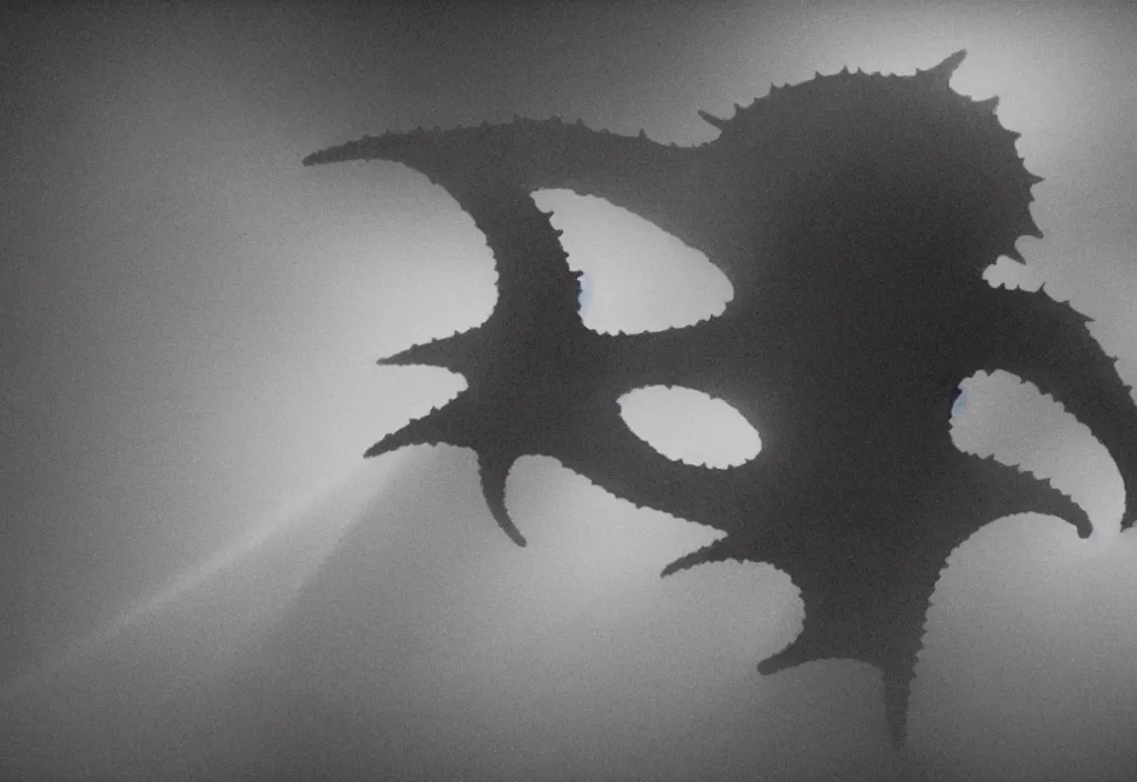 Prompt: light coming out of pulgasari the kaiju starfish monster, korean film noir, fog, 4 k, video compression, video glitch, monochrome, orson welles