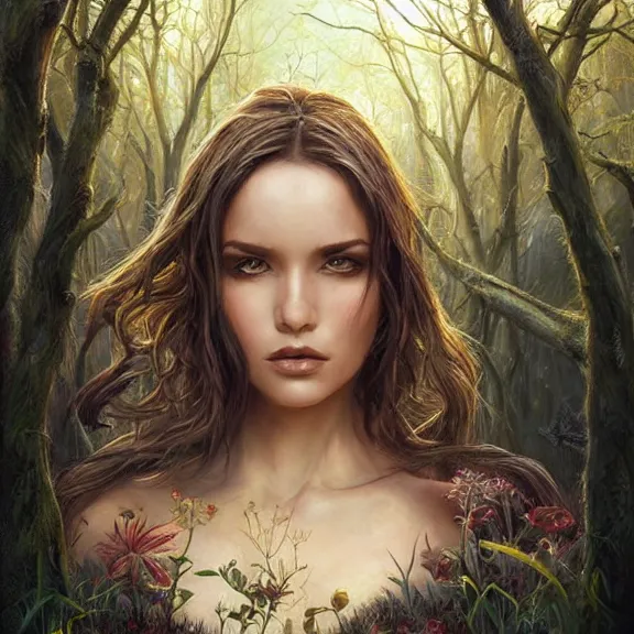 Image similar to a higly detailed full body shot portrait painting of a sorceress with piercing beautiful eyes, standing in a forest meadow, morning, dynamic lighting, ambient lighting, deviantart, art by artgerm and karol bak and mark brooks