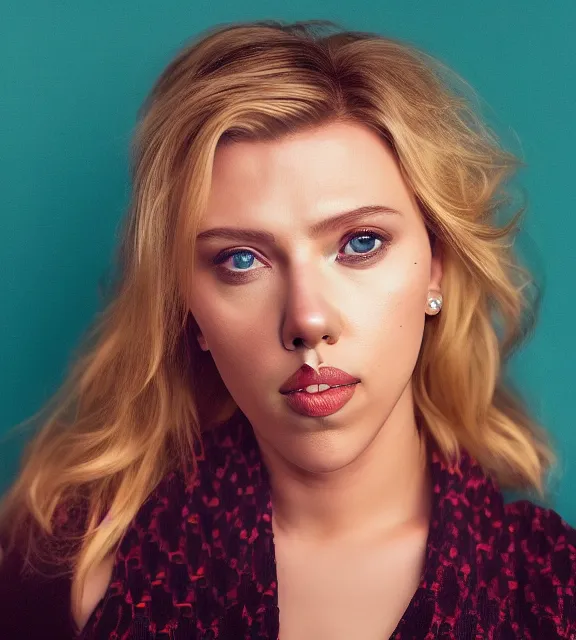 Image similar to portrait photo of Scarlett Johansson:: symmetric face, symmetric eyes, slight smile, photo by Annie Leibovitz, 85mm, teal studio backdrop, Getty images