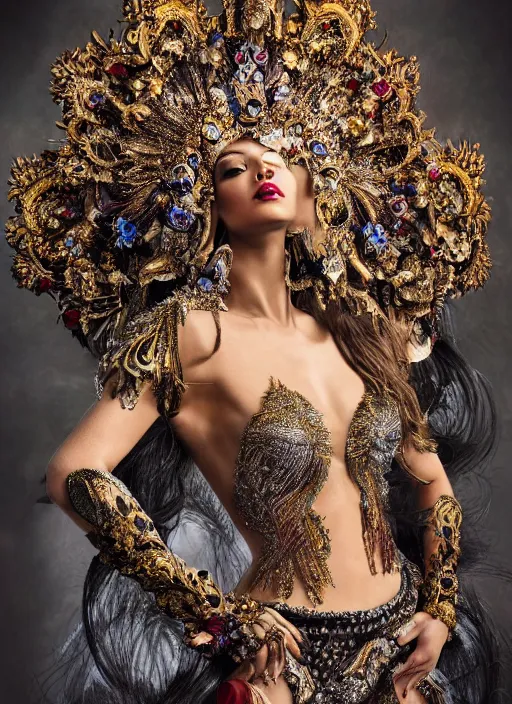 Prompt: expressive full body photo of a miss universe, ornate headpiece made from flowers, ornaments, glamour shot, by karol bak, by stefan gesell, photorealistic, canon r 3, fashion photography, hyper maximalist, elegant, ornate, luxury, elite, environmental portrait, symmetrical features, octane render, unreal engine, solid dark grey background, dramatic lights