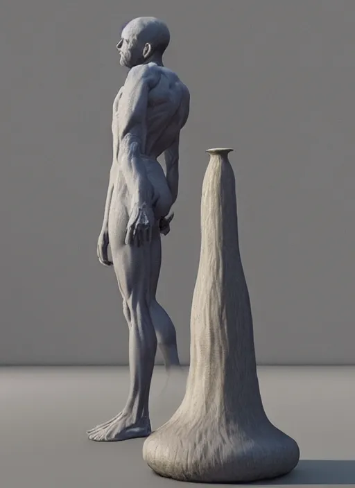 Image similar to a sculpture of a man standing next to a tall vase, a raytraced image by Hikari Shimoda, polycount, video art, vray tracing, ray tracing, rendered in unreal engine