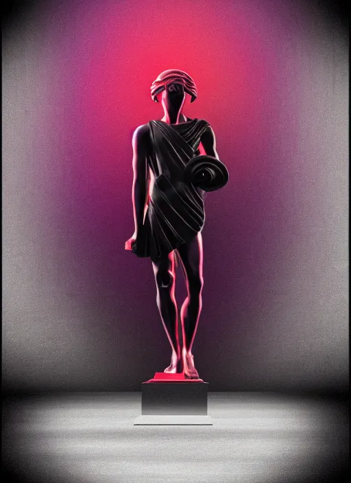 Prompt: elegant dark design poster showing a greco roman statue of apollo, black background with very subtle red and purple design elements, bold, powerful, nekro, vito acconci, thin straight purple lines, dark, glitch art, neo vaporwave, gritty, layout frame, square, trending on artstation