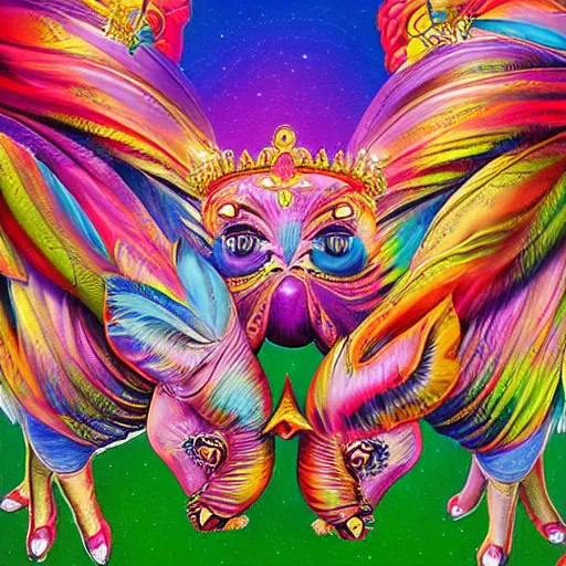 Image similar to lisa frank flying pigs wearing a gold crown painting by android jones