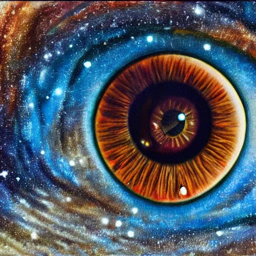 Image similar to a highly detailed photorealistic painting of a human eye reflecting the milky way galaxy