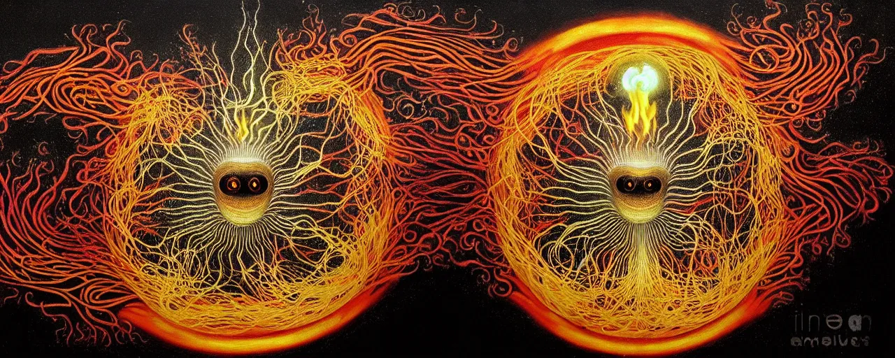 Image similar to a strange fire creature with endearing eyes radiates a unique canto'as above so below'while being ignited by the spirit of haeckel and robert fludd, breakthrough is iminent, glory be to the magic within, in honor of saturn, painted by ronny khalil