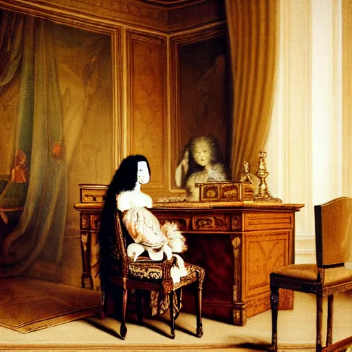 Image similar to Portrait of a mummy sitting at a Louis XIV desk, with very old curtains in the room. The desk has a very old phone on it. Dusty air