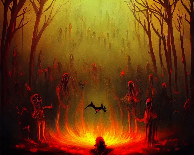Prompt: A painting of a summoning ritual by Anato Finnstark, creepy, demons, satanic