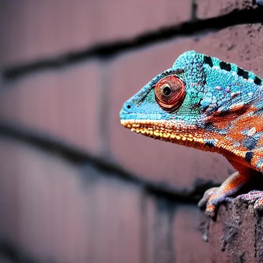 Image similar to a chameleon with leopard pattern on skin sitting on a brick wall, highly detailed, 8K, supersharp photo