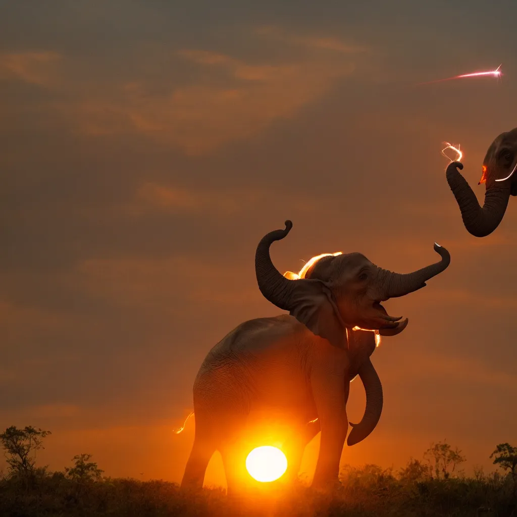 Image similar to elephant shooting lasers from its eyes in front of a sunset