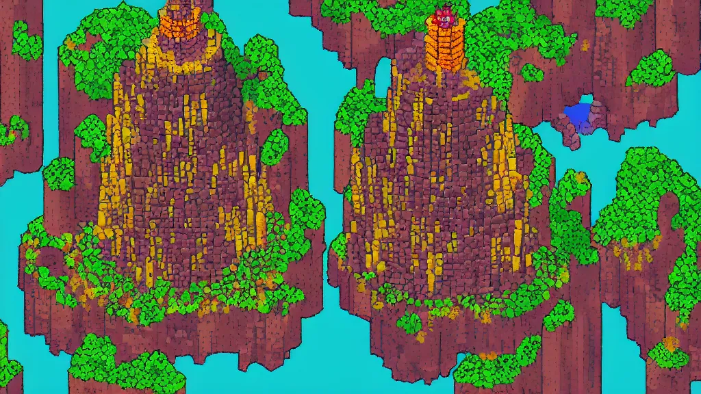 Prompt: Aerial view of a wizard tower surrounded by different kinds of gem mines and ominous caves, pixel art, colored