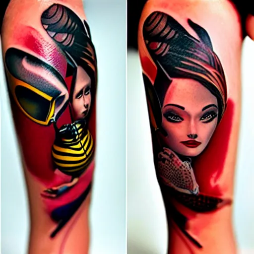 Image similar to detailed tattoos in the style of bee movie on a female leg, crimson - black color scheme, wearing miniskirt, cinematic seductive lighting, beautiful composition
