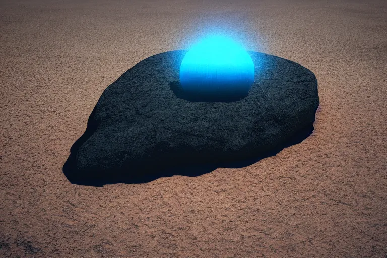 Prompt: a single massive dark rock levitating in desert, floating, octane render, cinematic, blade runner, Imax, dramatic composition and lighting, strange, weird, vaporwave, 8k,