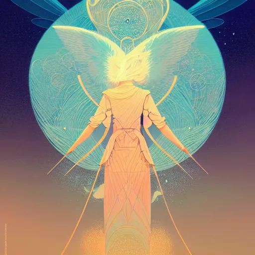 Prompt: an angel of the dawn light, in the heavens by victo ngai, james jean, peter mohrbacher digital art