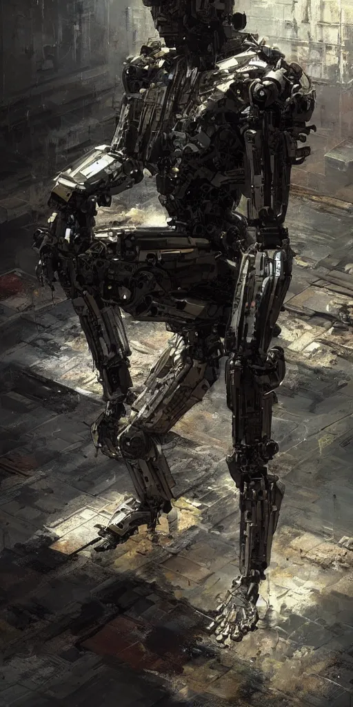 Prompt: Artificial Intelligence kneeling, futuristic, cyberpunk, cyborg, photorealistic, highly detailed, gritty texture, trending in Artstation, Craig Mullins