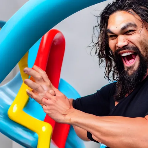 Prompt: A still of a happy, excited Jason Momoa playing on a children's toy slide in a toy commercial, 4k resolution, hyperdetailed, studio lighting