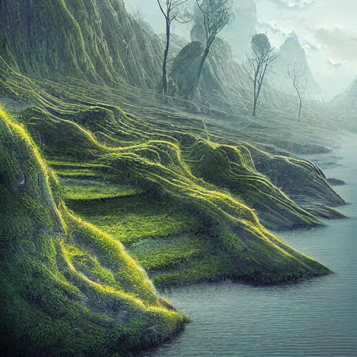 Image similar to digital art of a lush natural scene on an alien planet by michal klimczak ( shume ). extremely detailed. science fiction. beautiful landscape. weird vegetation. cliffs and water.