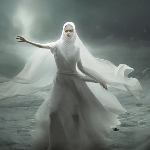 Image similar to white female dancing gost weared with white veils, matte painting, cinematic, epic composition, detailed, atmospheric, wide angle, artstation trending