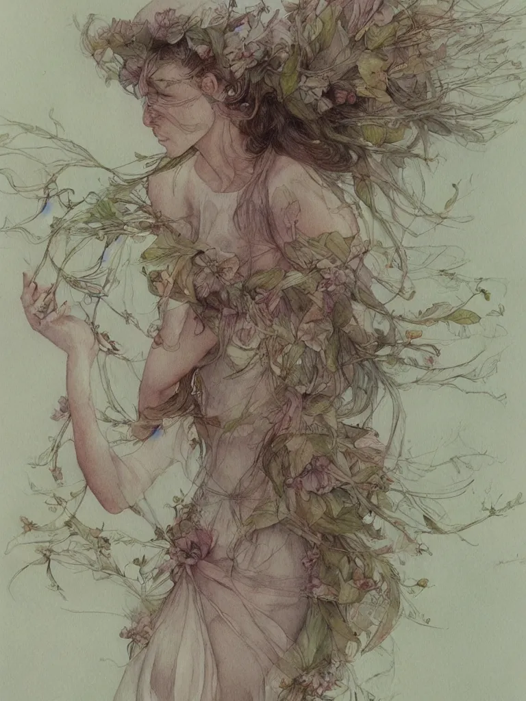 Image similar to study of a flower fairy, illustration, watercolor, alan lee, detailed, pretty, ethereal, realistic, artstation